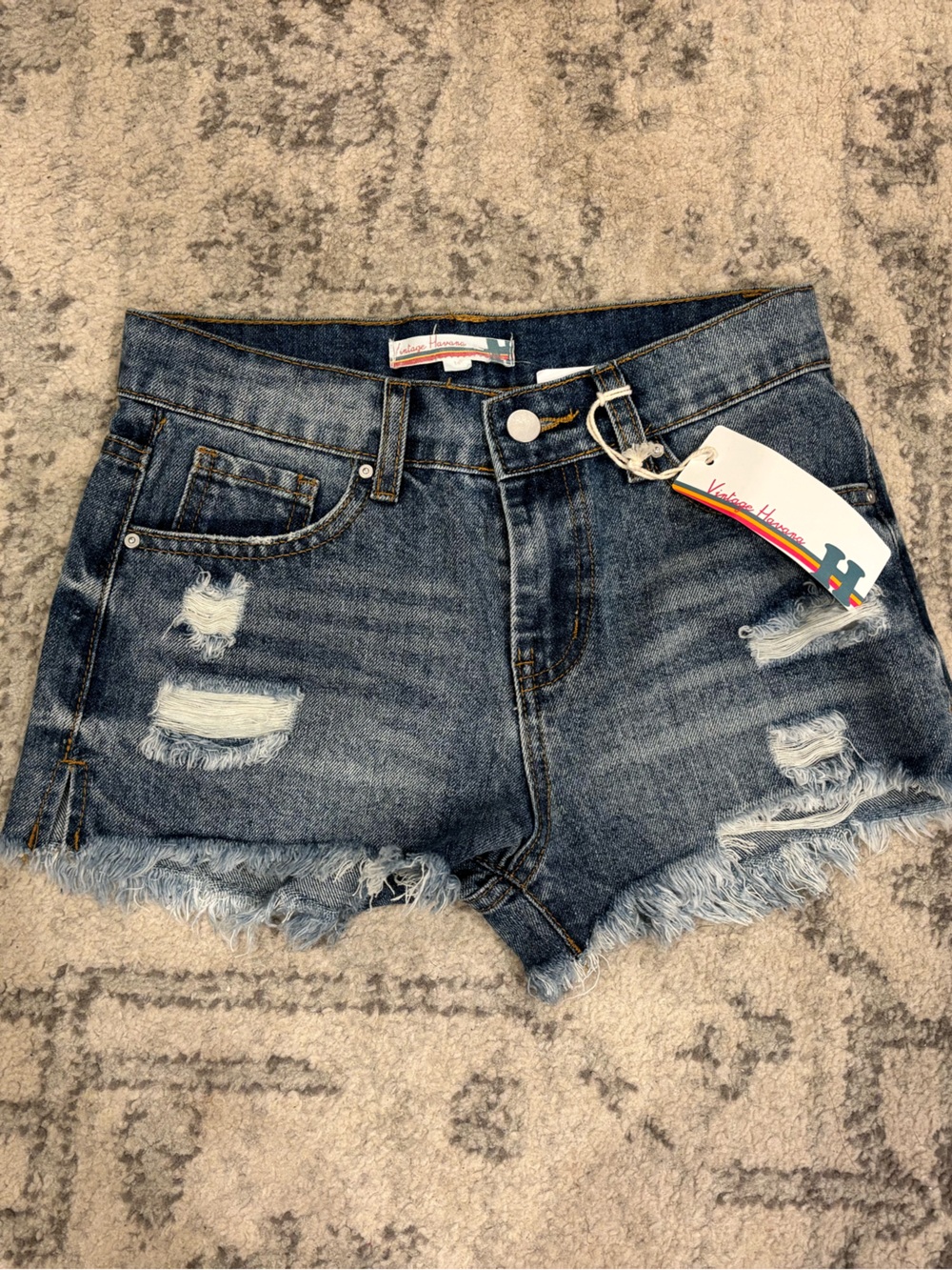Vintage Havana Dark Blue Distressed Denim Shorts